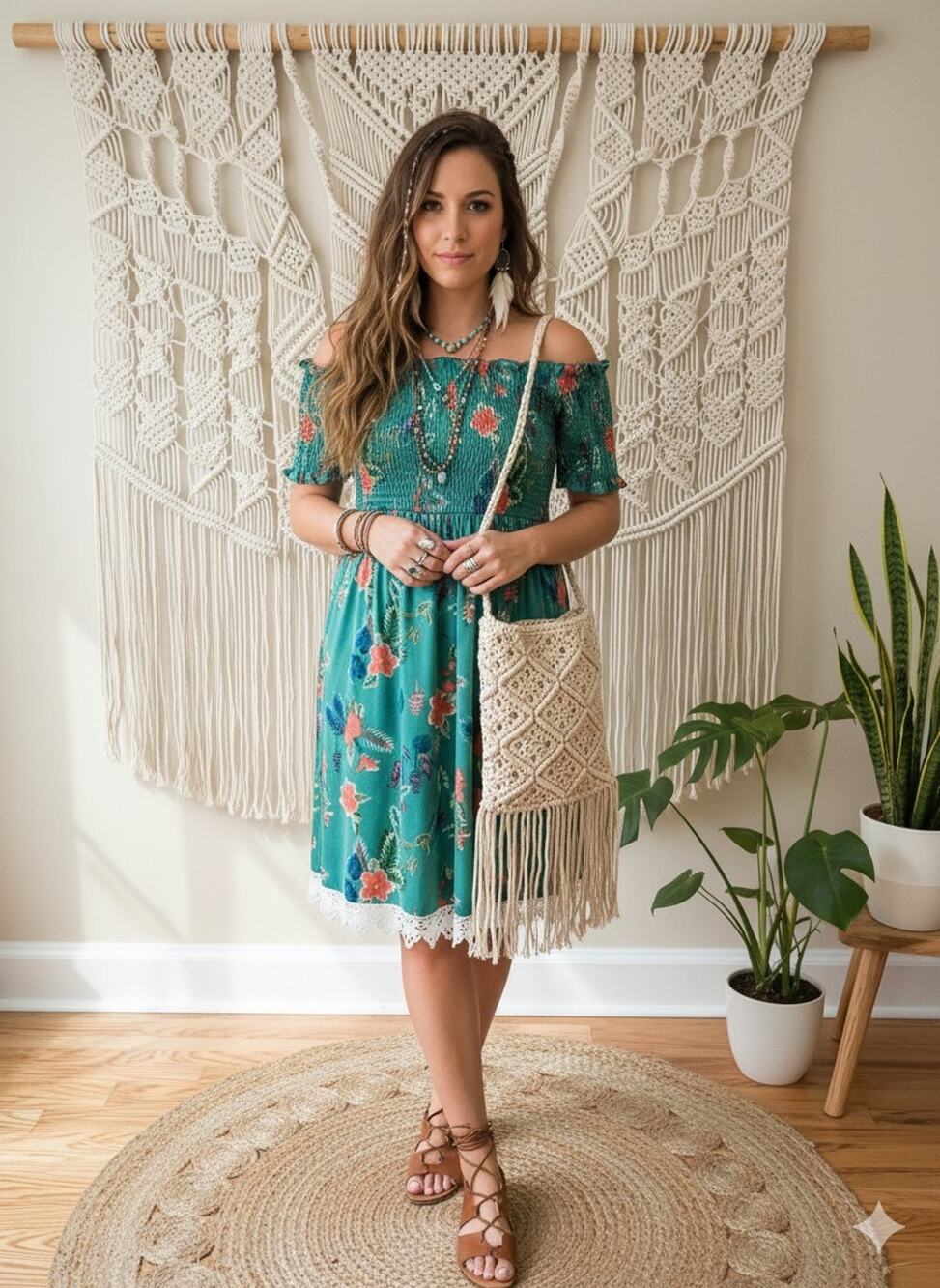 Bobbie Brooks Boho Green Sundress Shirred Top,Off Shoulder, Embroidered Hem Sz L